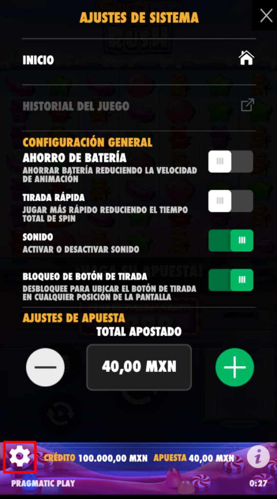 Ajusta el sonido, el monto de la apuesta, y más desde la configuración.